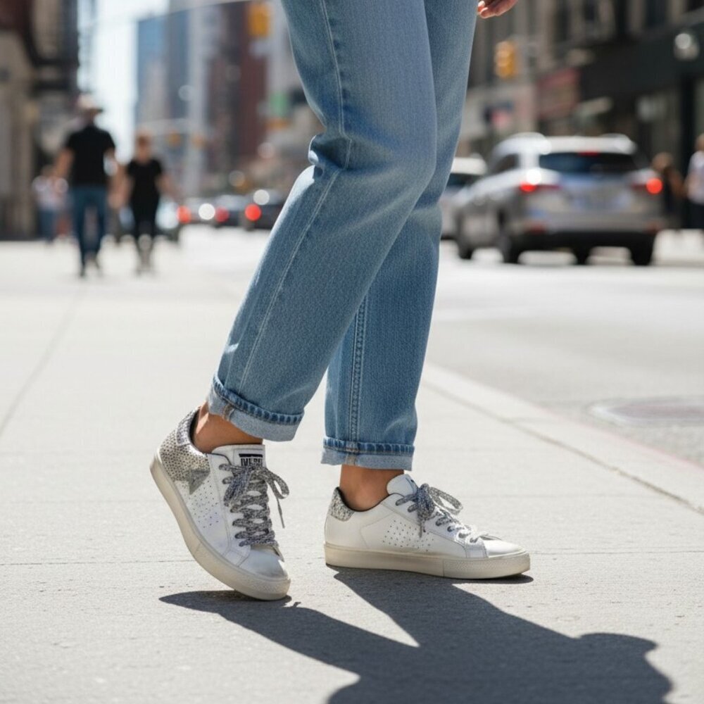 P448 "Thea" Sneaker in Galu w/Rhinestones (Cream/Gray) Sz US - 8.5, Eu - 39